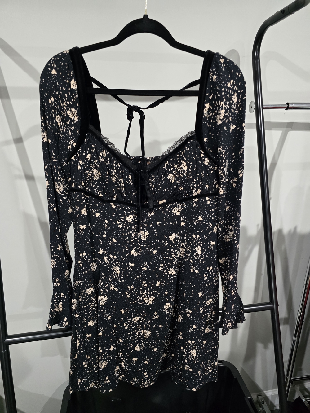 Free People Black and Cream Floral Long Sleeve Mini Dress